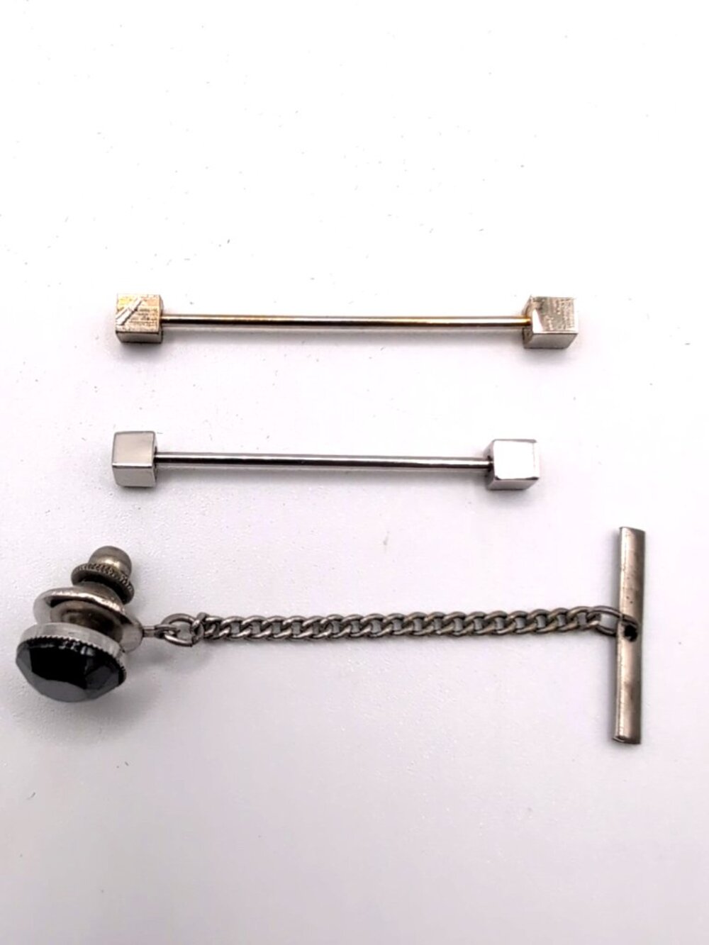 Lot of 2 Collar Bars Gold Tone/Silver Tone and 1 Tie Tack w/ Smokey Cabochon GUC